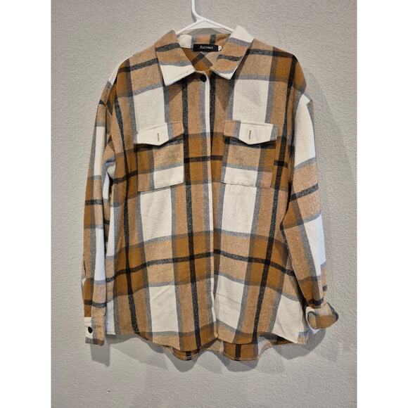 Automet Women's Checked Collared Shirt Jacket Medium Cream Brown White - Picture 1 of 4